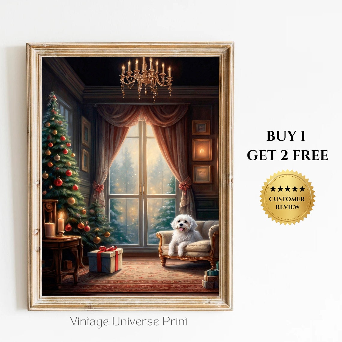 Christmas Living Room Vintage Painting Christmas Tree Wall Art Cozy Christmas Interior House Christmas Wall Art Holiday Season