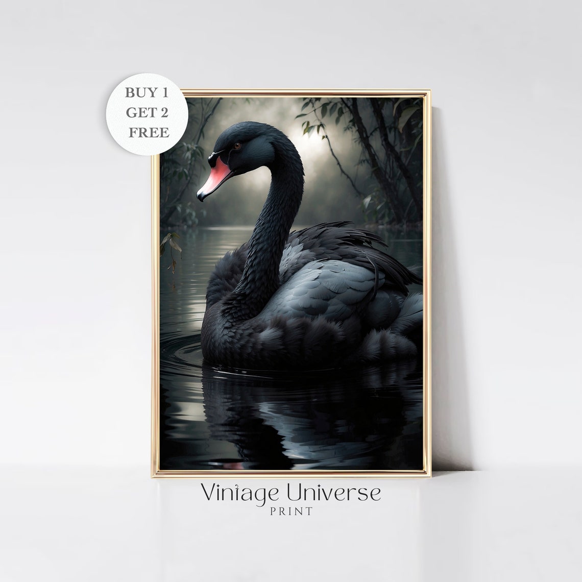 Black Swan Painting Vintage Swan Print Black Lake Swan Print Dark Pond Painting Dark Moody Bird Print Dark Academia Wall Art