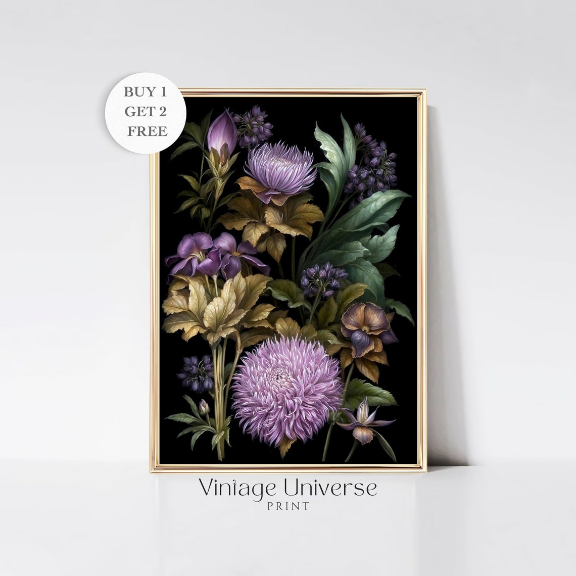 Purple Moody Botanical Blooms Vintage Dark Flower Art Poster