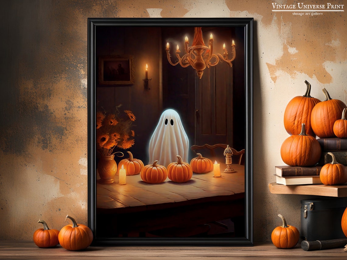 Ghost At A Candlelit Table With Pumpkins Under A Chandelier Print - Image 4