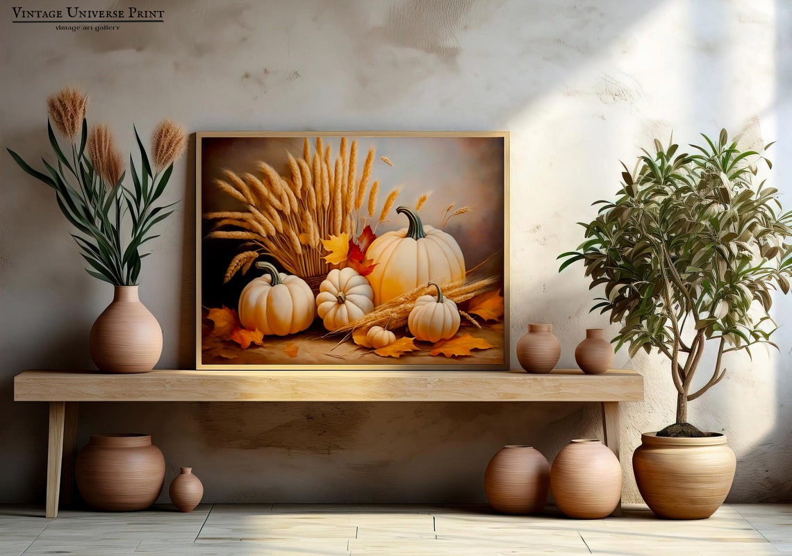 White Pumpkins And Wheat Sheaf Autumn Still Life Painting Wall Art - Image 3
