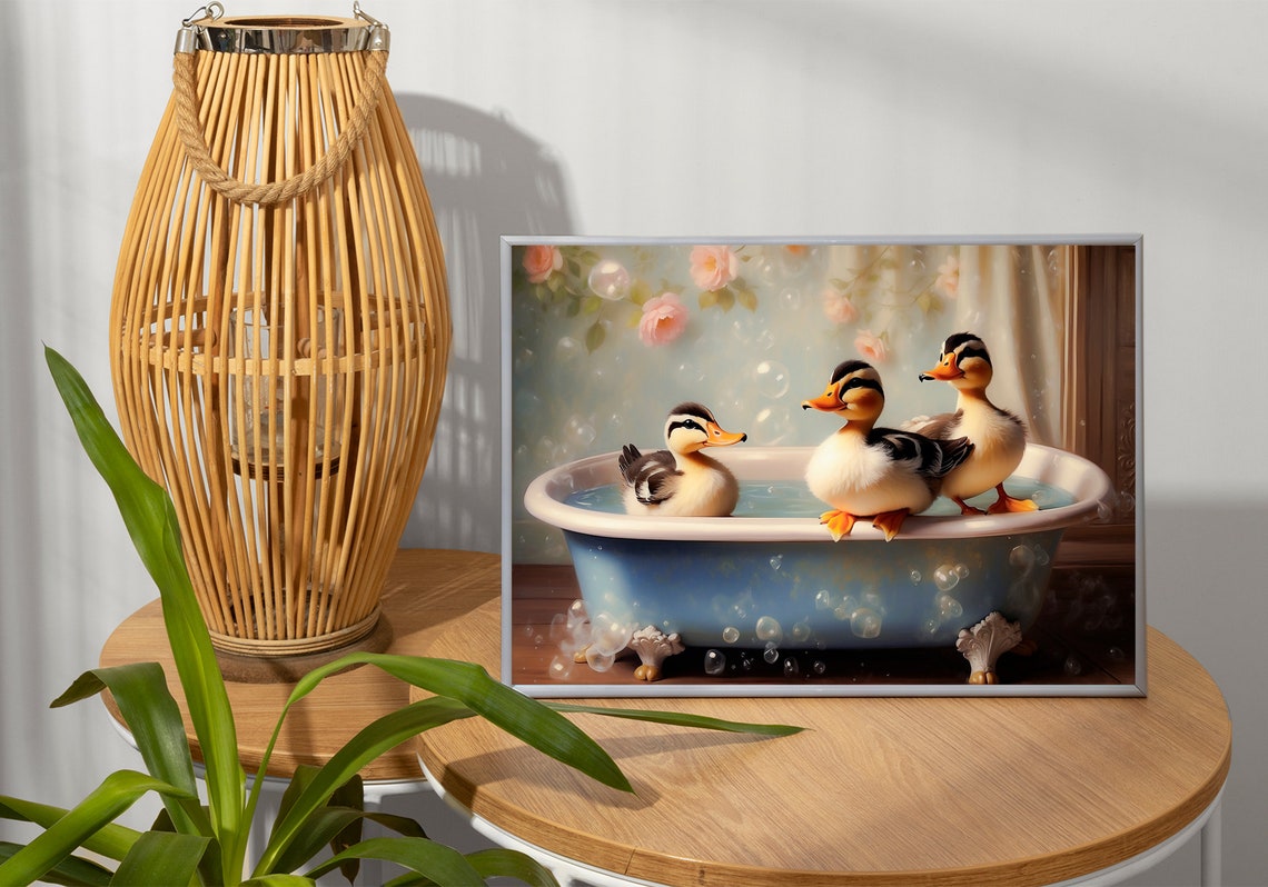 Three Baby Ducks Bathing In A Blue Clawfoot Tub Vintage Poster - Image 3