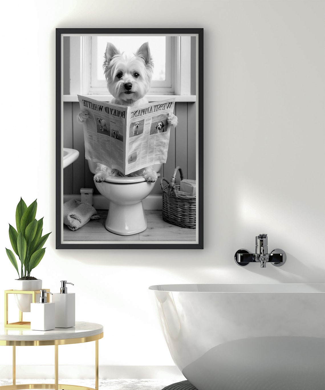 White Terrier Dog Reading Newspaper On Toilet Funny Dog Poster - Image 2