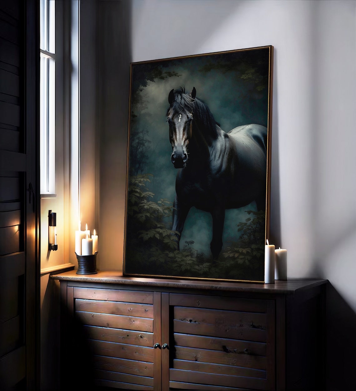 Black Horse in a Misty Dark Forest Moody Equine Wildlife Art Print - Image 3