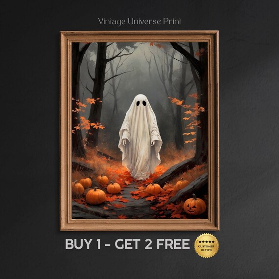 Ghost Walking Through A Misty Autumn Forest Scattered With Pumpkins Art Print