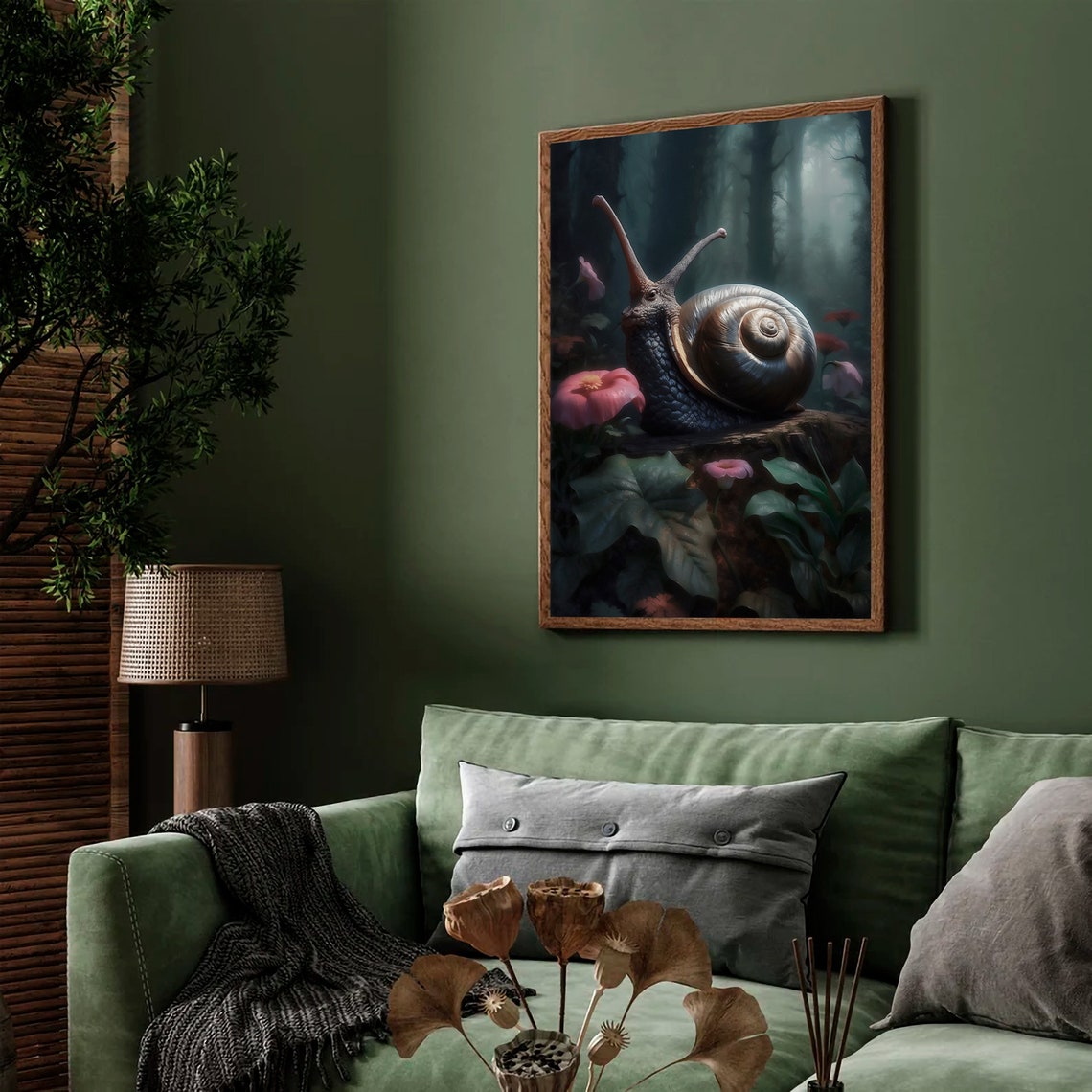 Giant Snail on a Log in a Misty Forest with Pink Flowers Art Print - Image 3