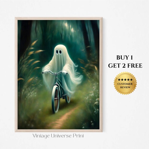 Cute Ghost Riding Vintage Bike Misty Green Forest Trail Print
