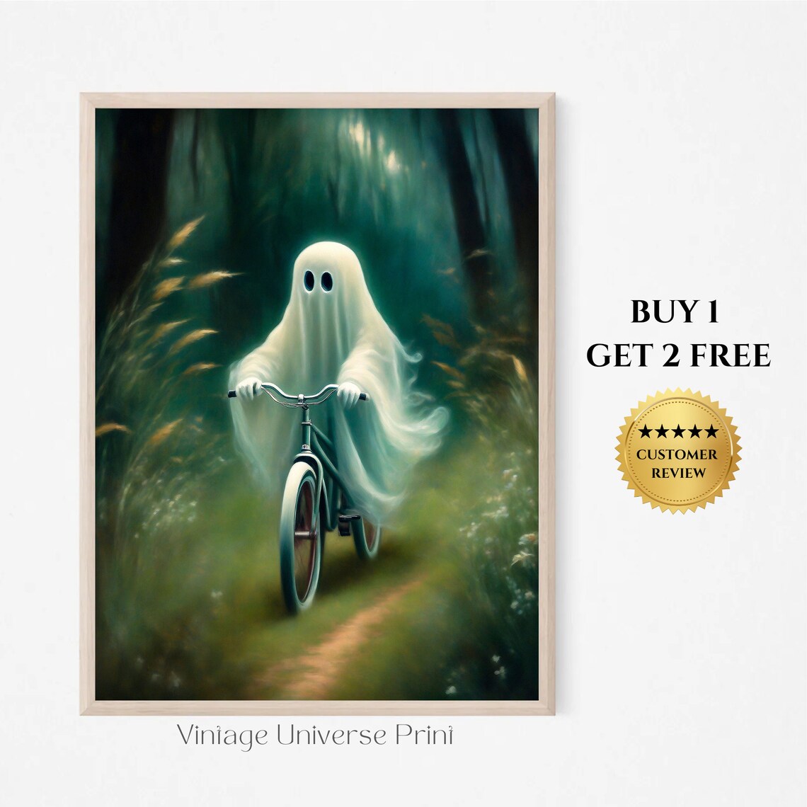Cute Ghost Riding Vintage Bike Misty Green Forest Trail Print