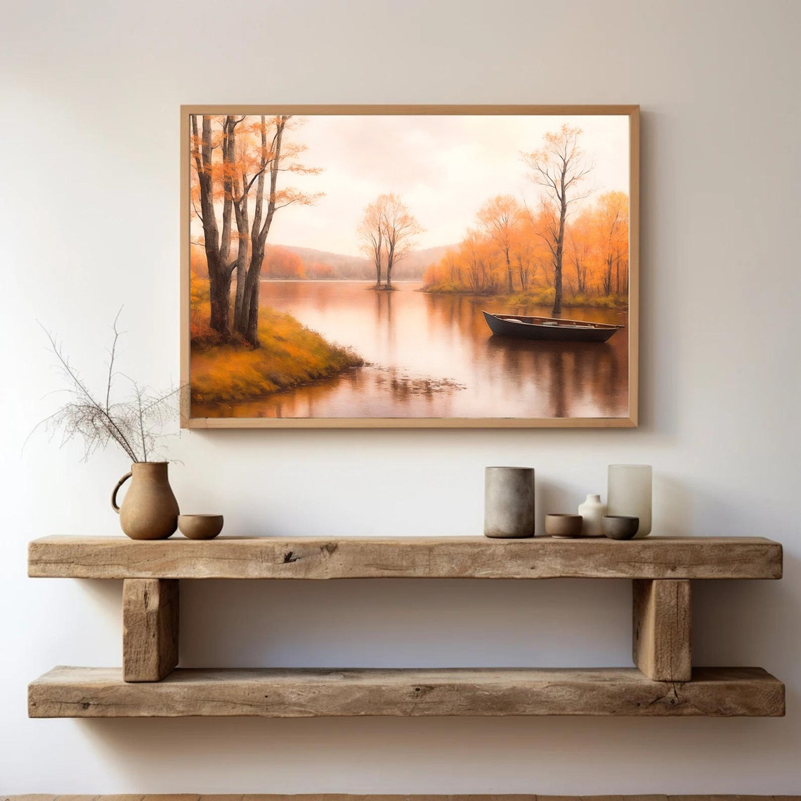 Calm Autumn Lake with a Rowboat and Golden Orange Trees Fall Poster - Image 3