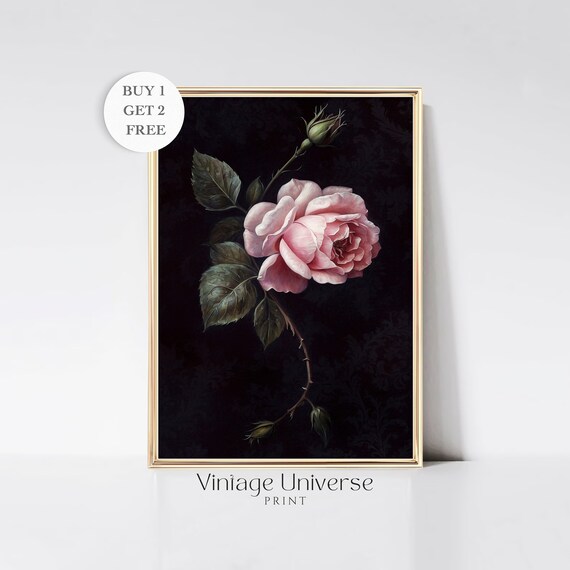 Moody Rose Painting Dark Rose Still Life Dark Rose Print Moody Floral Vintage Botanical Painting French Country Decor