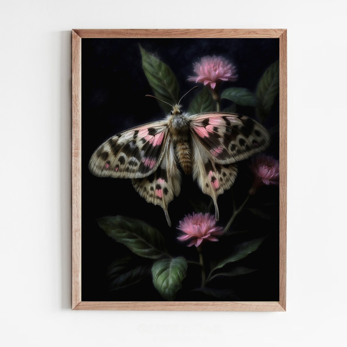 Giant Pink and Black Moth on Blossoms in Dark Botanical Art Print - Image 5