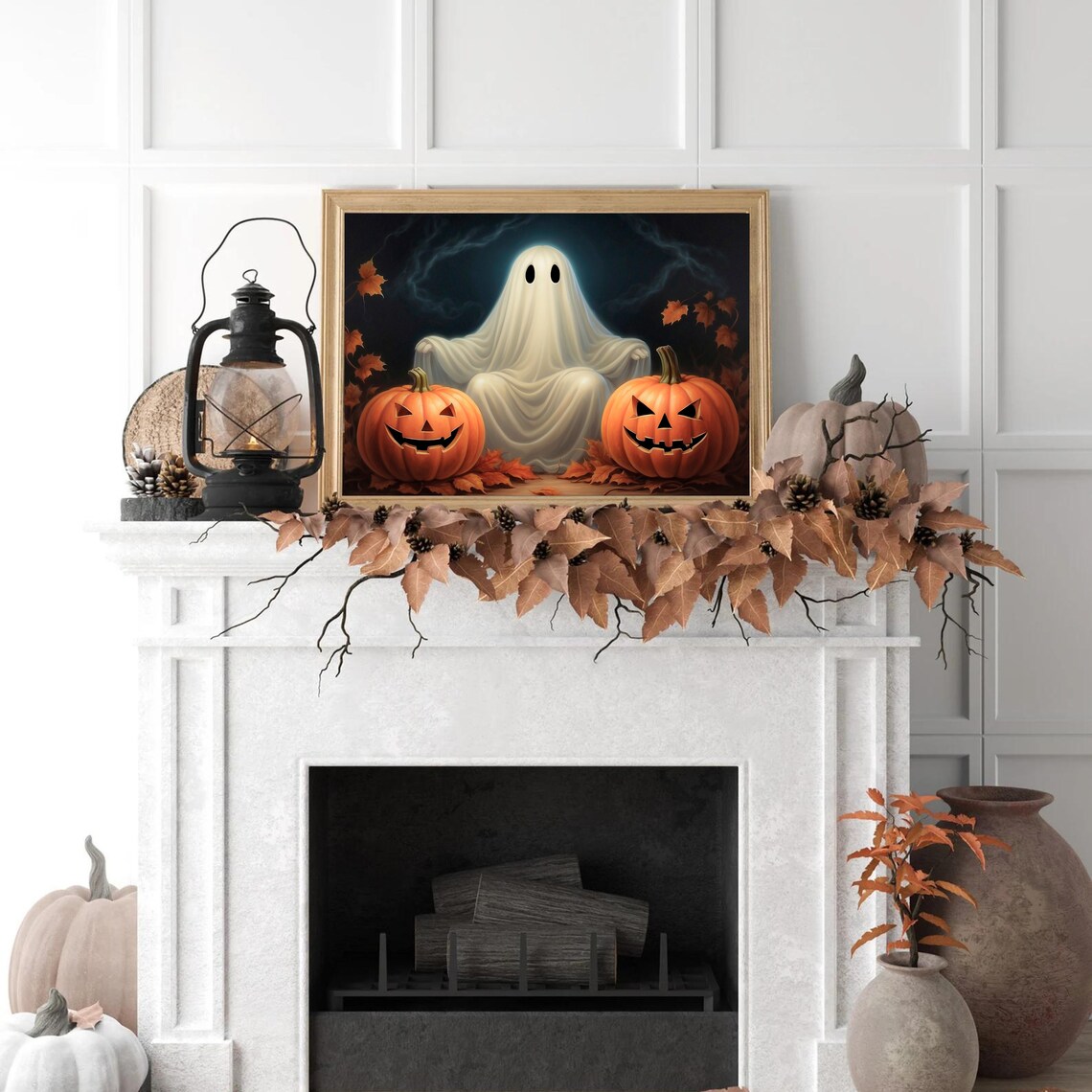 Spooky Ghost Sitting Between Two Glowing Jack O Lanterns Dark Halloween Poster - Image 3