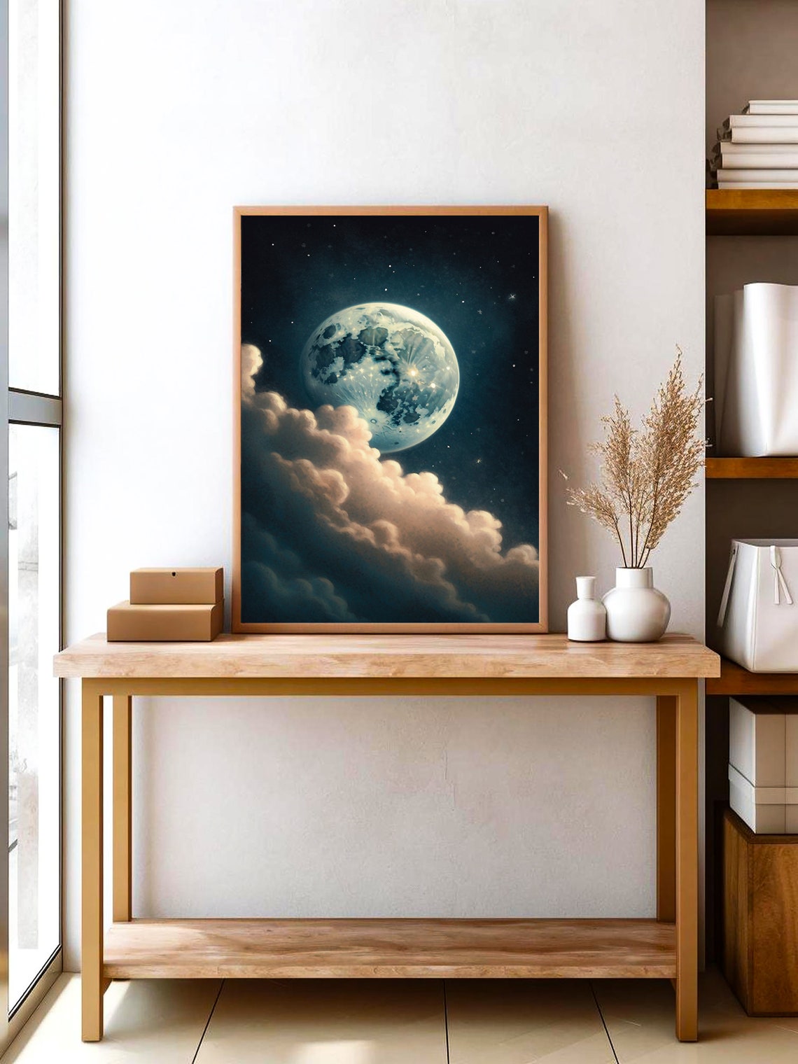 Full Moon Behind Night Clouds Under a Teal Starry Sky Wall Art - Image 4