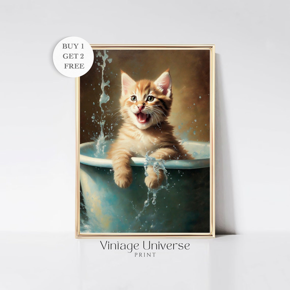 Playful Orange Kitten Splashing in a Bathtub with Joy Funny Cat Poster