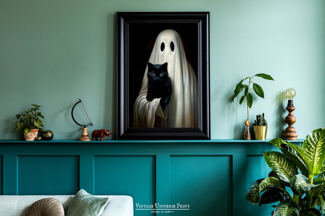 Ghost Holding A Black Cat Portrait Dark Romantic Halloween Print - Image 2