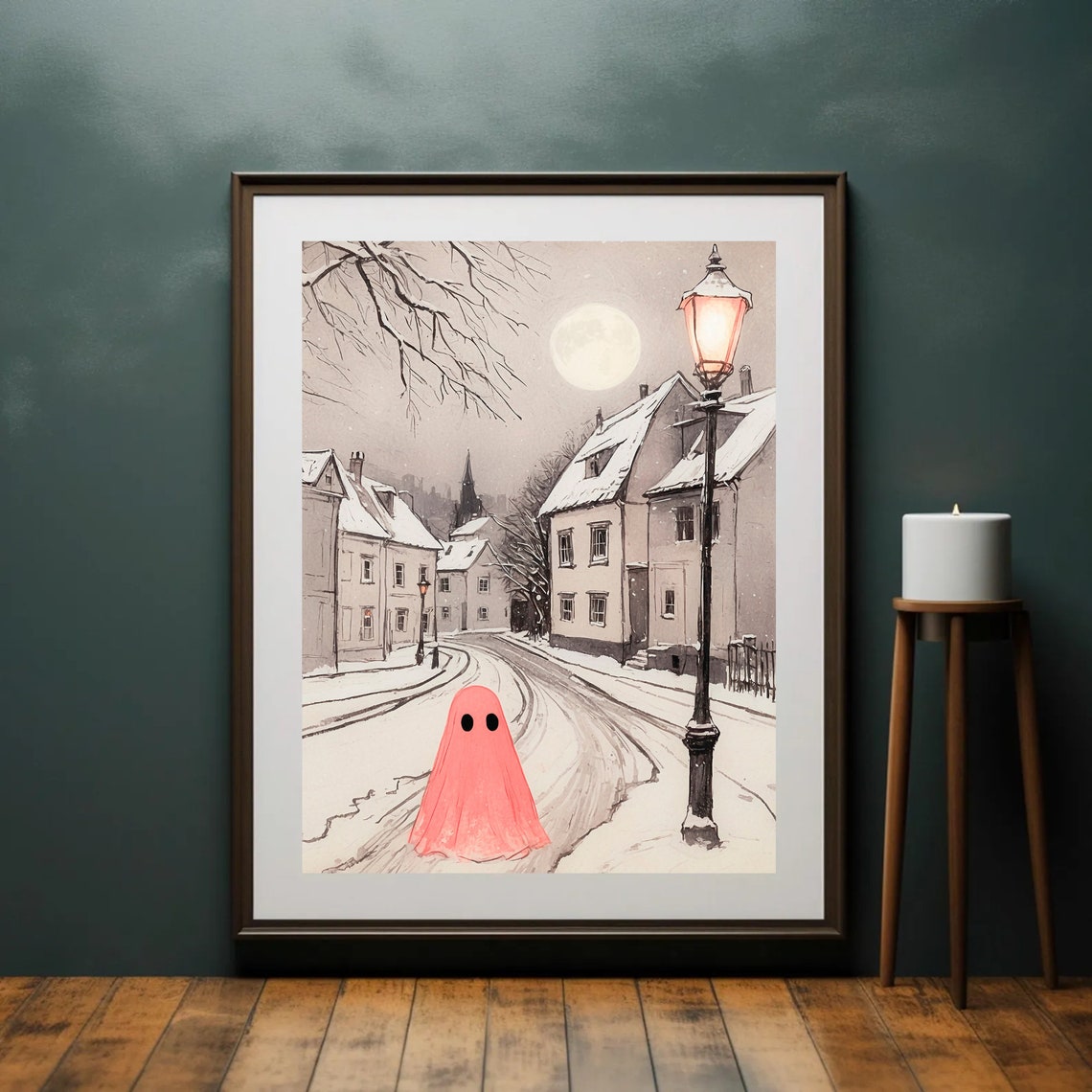 Pink Ghost on Snowy Moonlit Street Under Glowing Vintage Lamp Print - Image 3