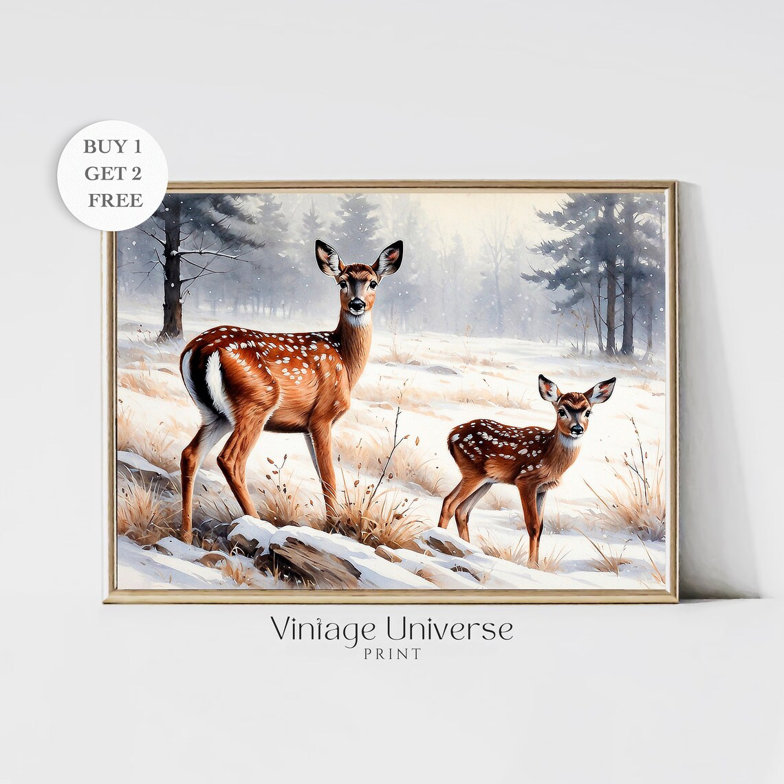 Mother Deer Fawn Snowy Meadow Winter Wildlife Tender Scene Poster