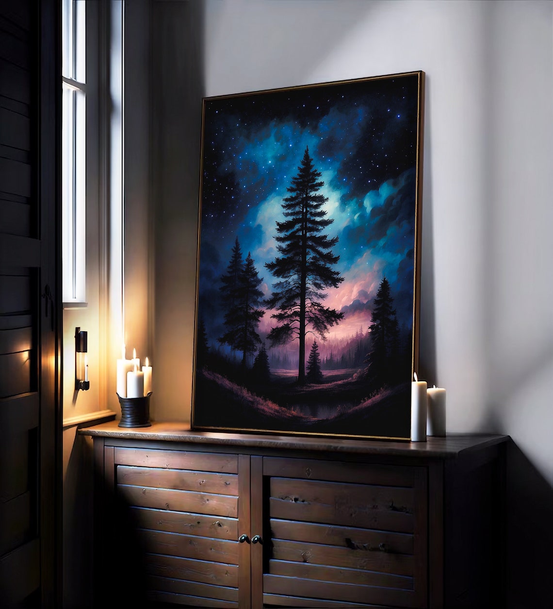 Tall Pine Tree Silhouette Under Teal Starry Night Sky Aurora Wall Art - Image 4