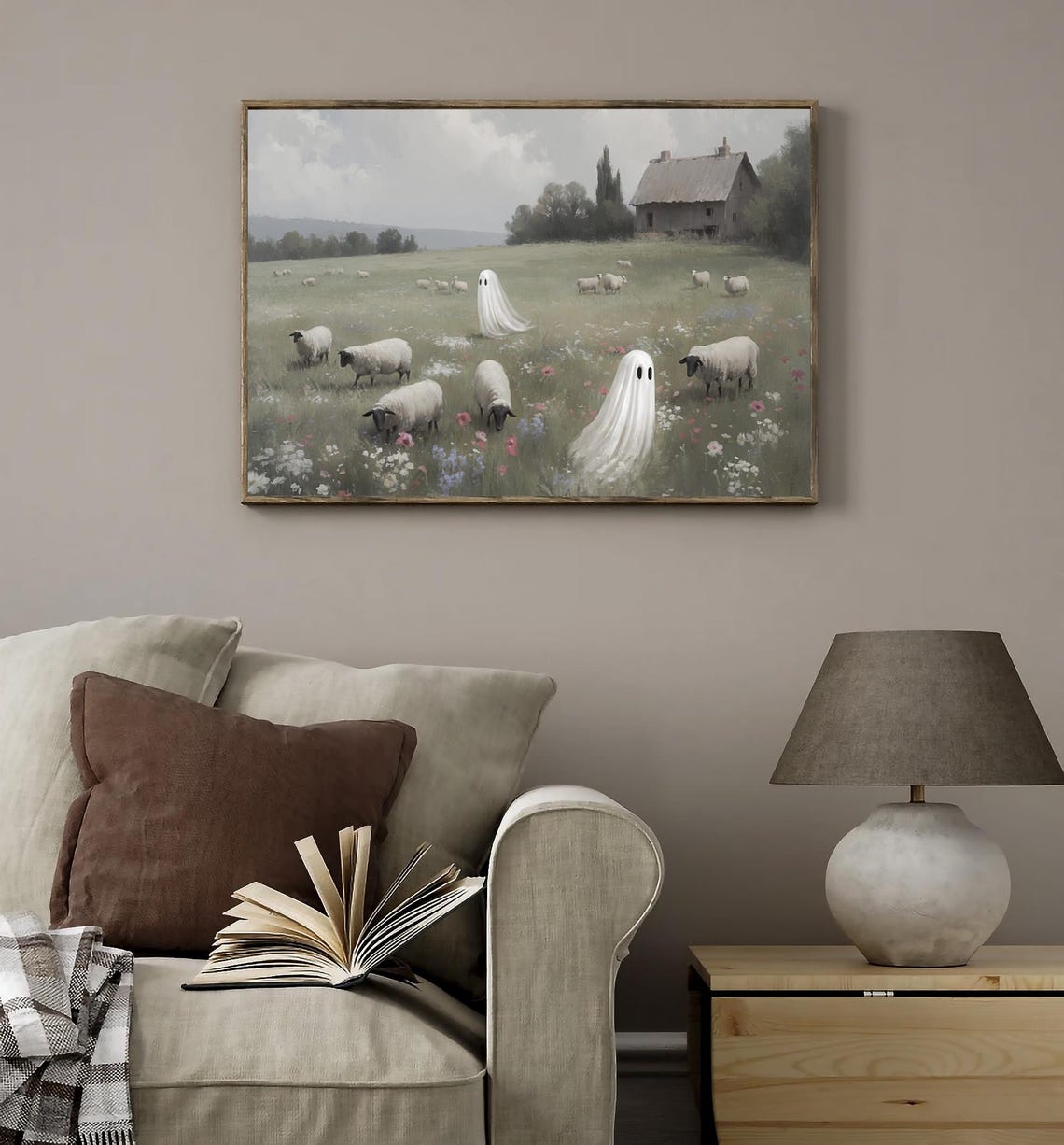 Two Ghosts With Sheep In Flower Meadow Cute Halloween Poster - Image 3