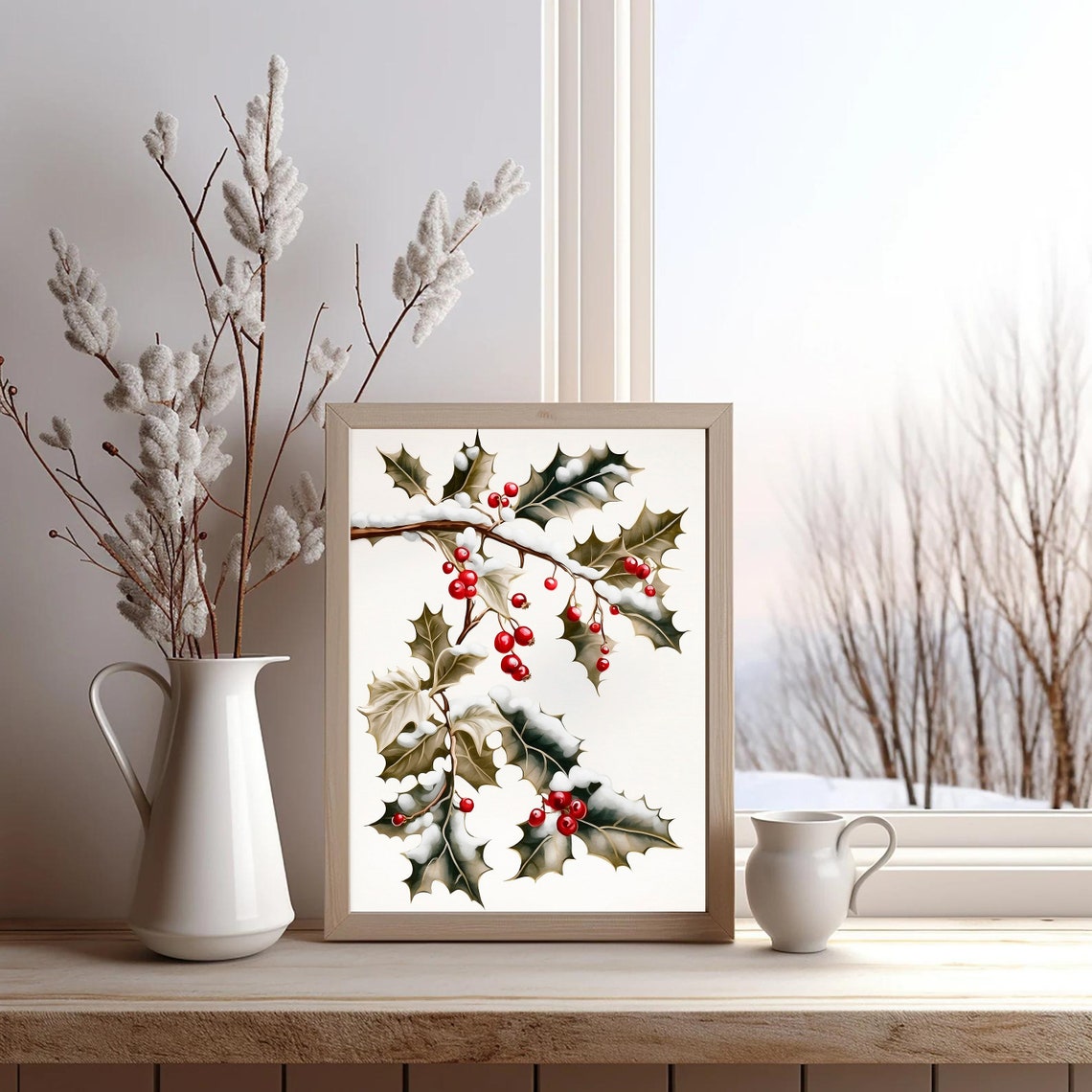 Snowy Holly Branch with Red Berries Vintage Christmas Poster - Image 2