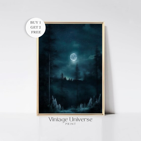 Night In The Woods Vintage Celestial Wall Art Moody Oil Painting Print Dark Academia Decor Witchy Aesthetic Moon And Stars Wall Decor