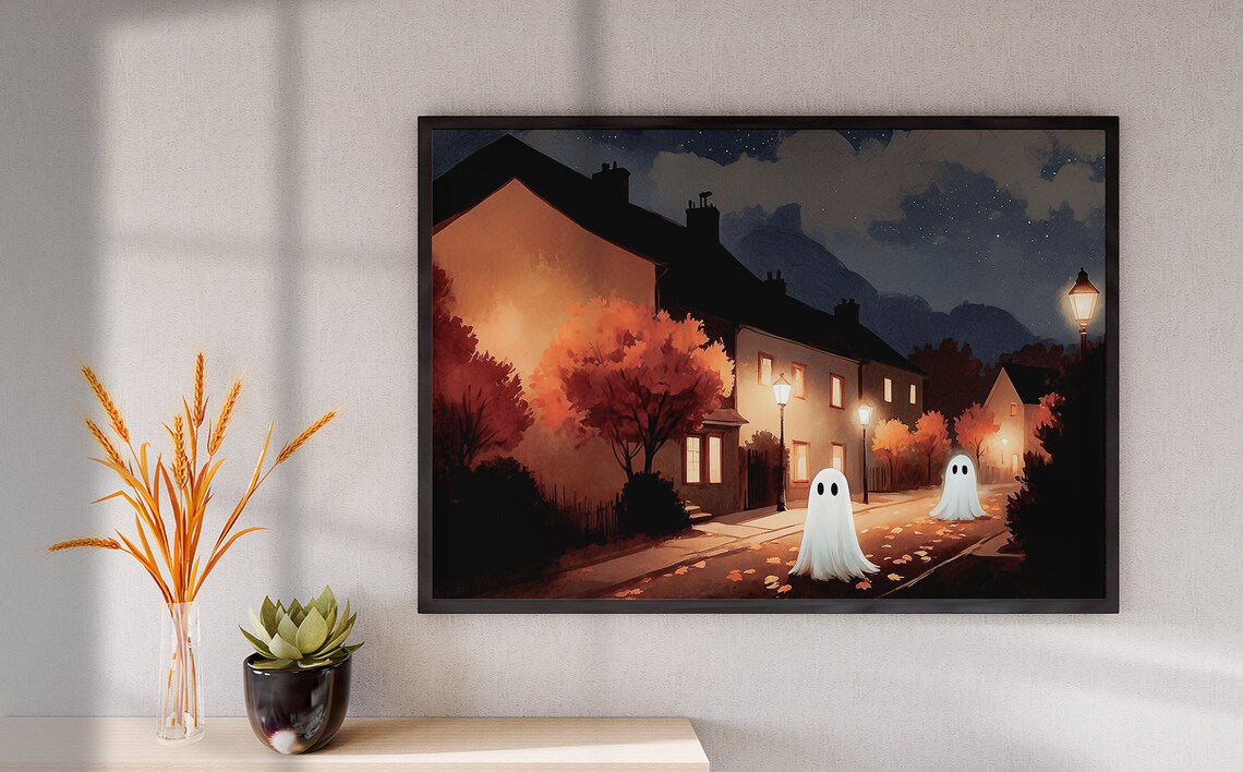 Two Sheet Ghosts Walking A Lamp Lit Village Street On A Starry Autumn Night Poster - Image 2