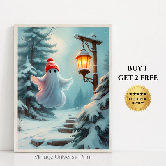 Cute Ghost In The Winter Forest Snowy Painting Christmas Vintage Art Print Cottagecore Wall Art Ghost Wall Art Poster 40