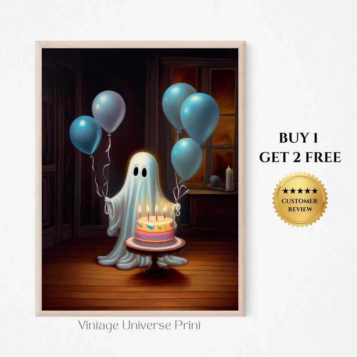 Ghost Celebrating Birthday With Cake And Blue Balloons Spooky Print