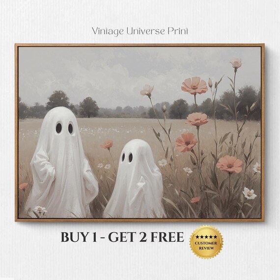 Cute Ghosts In A Flower Field Whimsical Spooky Halloween Poster