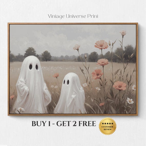 Cute Ghosts In Flower Field Landscape Painting Ghost Romantic Print Farmhouse Vintage Print Spooky Decor Wall Art Halloween