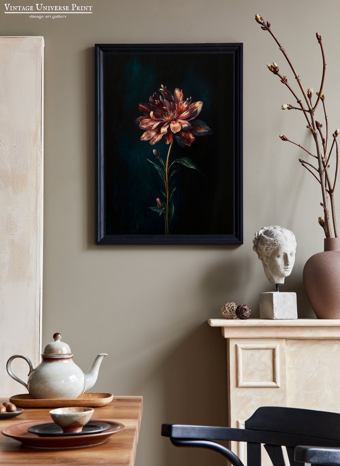 Rust Red Dahlia Single Stem Moody Dark Floral Painting Poster - Image 2
