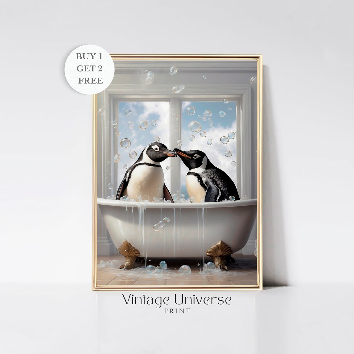 Two Penguins Sharing a Bubble Bath in a Vintage Tub Art Print