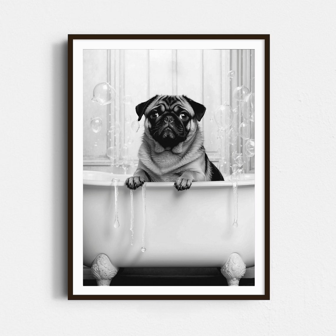 Cute Pug Dog Soaking In Bubble Bathtub Black And White Poster - Image 4