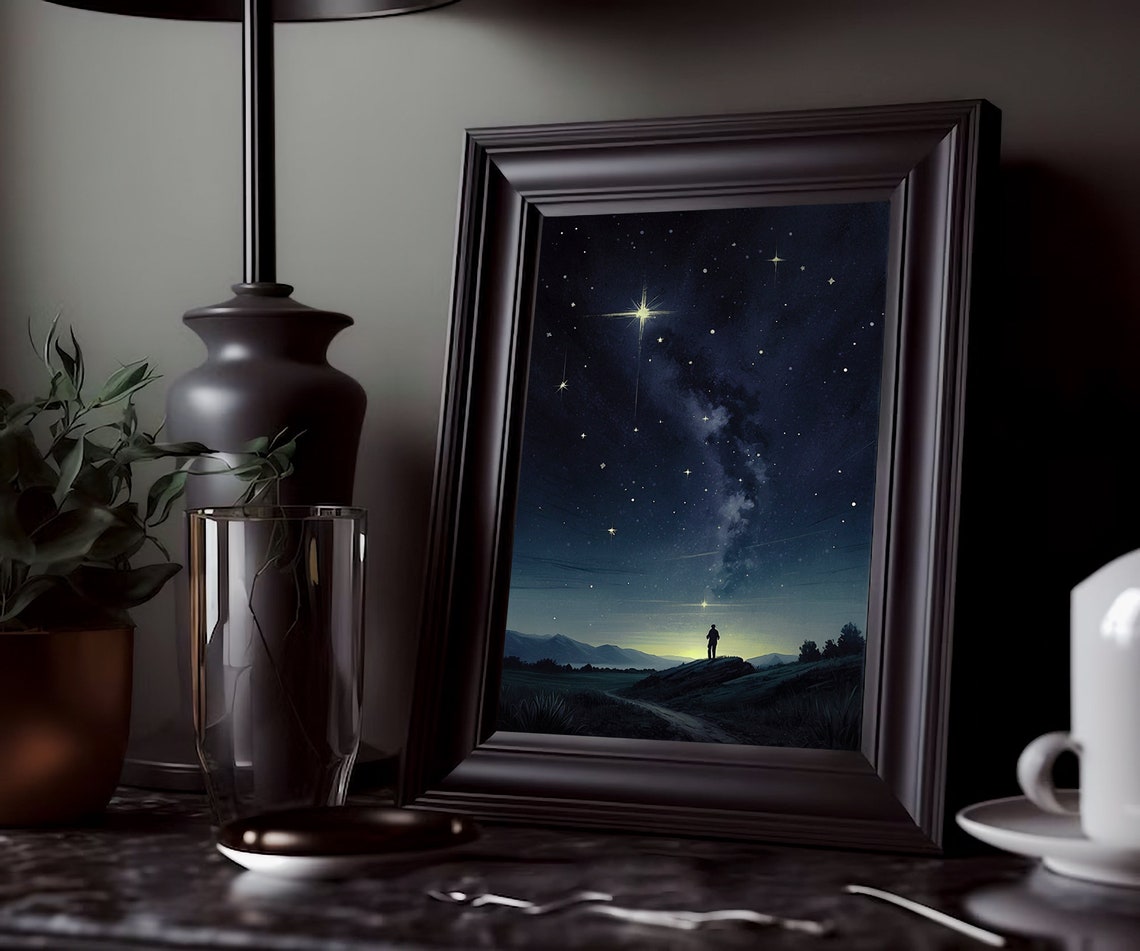 Lone Figure on Hill Under Bright Milky Way Starry Night Sky Wall Art - Image 4