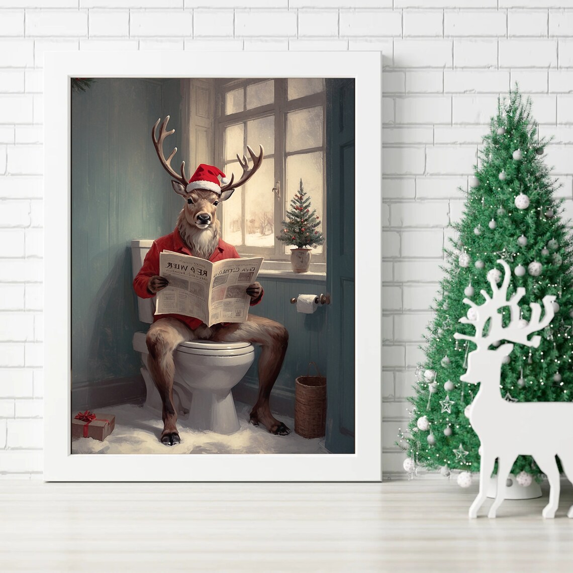 Funny Reindeer On Toilet Christmas Bathroom Humor Santa Hat Poster - Image 5