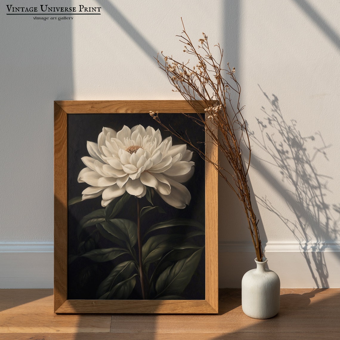 Elegant Giant White Dahlia Bloom Dark Moody Botanical Art Poster - Image 5