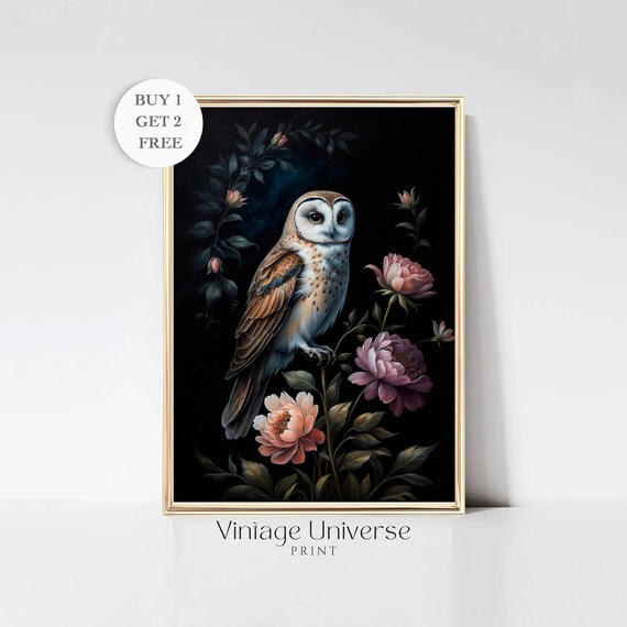 Barn Owl Pink Peony Blooms Moody Floral Dark Night Garden Poster