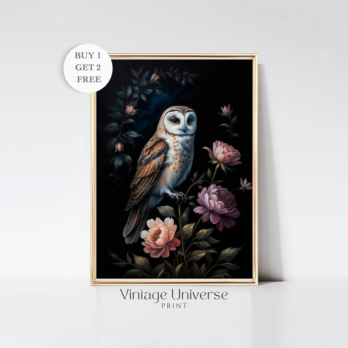 Barn Owl Pink Peony Blooms Moody Floral Dark Night Garden Poster