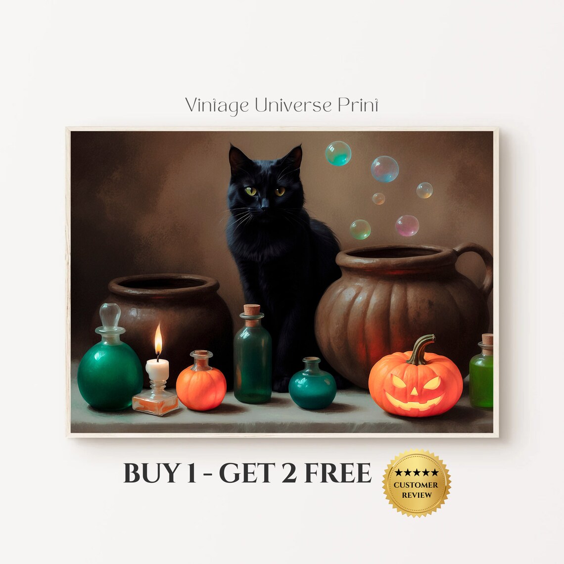 Black Cat With Witch Potions And Jack O Lantern Halloween Still Life Poster