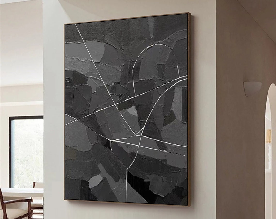 Charcoal Black Textured Abstract Painting With White Line Veins Poster