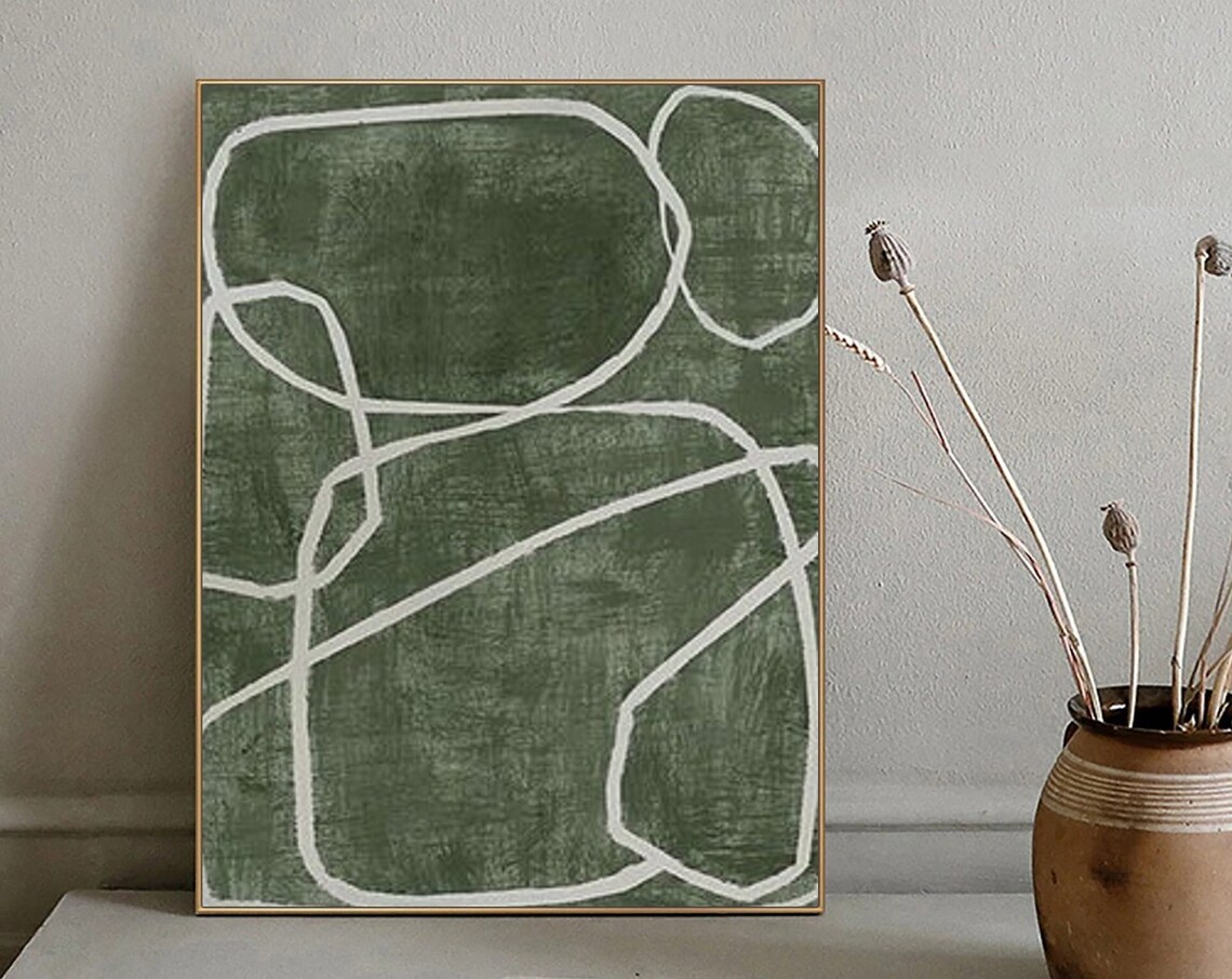 Green White Abstract Oil Painting On White Textured Painting Green Abstract Wall Art Wabisabi Wall Art Green Minimalist Painting