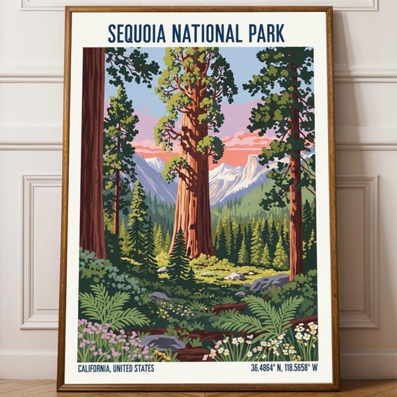 Sequoia National Park Poster Green And Pink Landscape Nature Illustration Contemporary Travel Art For Enthusiasts