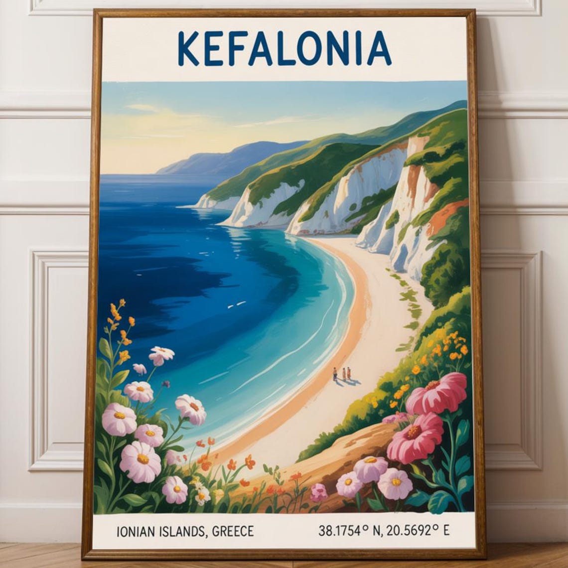Kefalonia Greece Beach Cove White Cliffs Travel Poster Illustration