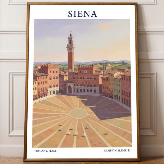 Siena Piazza Del Campo Poster Terracotta And Beige Art Italian Cityscape Illustration Travel Wall Tuscany Print Vintage
