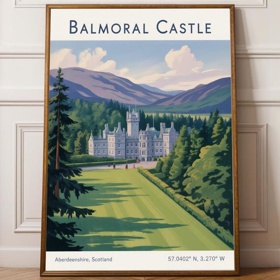 Balmoral Castle Poster Scottish Travel Art Green And Blue Landscape Illustration Contemporary Wall Decor For Enthusiasts