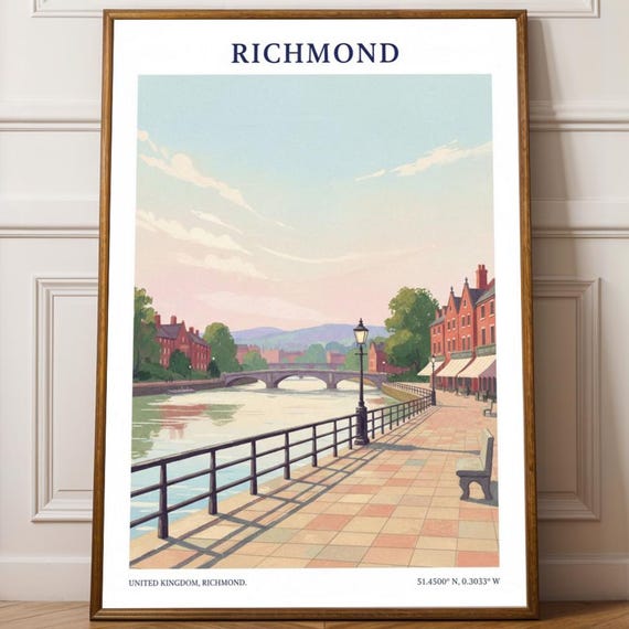 Riverside Promenade With Bridge And Soft Blue Peach Illustration Wall Art Print For English British Travel Enthusiasts Home Decorators