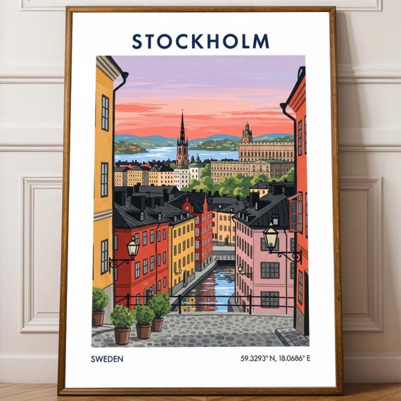 Stockholm Canal Sunset Poster Pink And Orange Contemporary Art Swedish Urban Landscape Scandinavian Travel Wall Decor