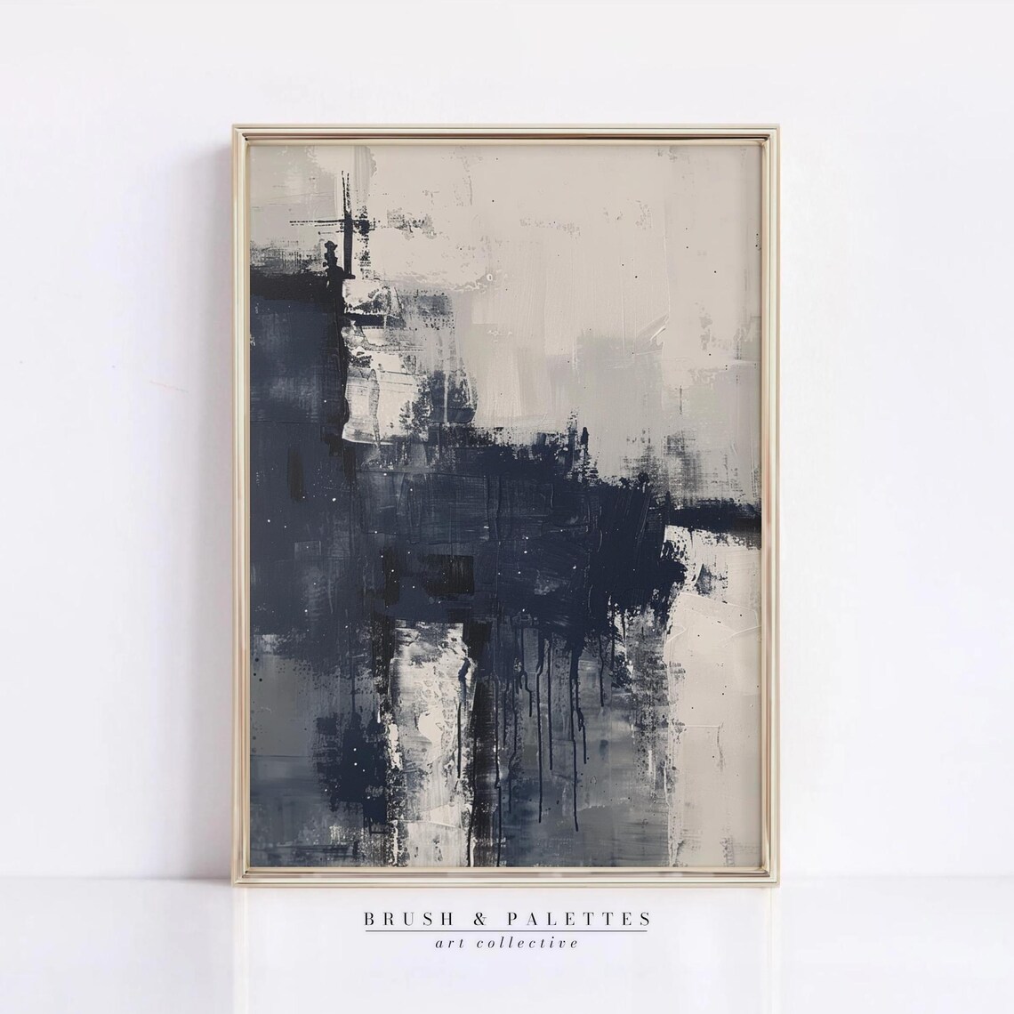 Navy Blue Abstract Painting Modern Minimalist Ink Brushstroke Poster