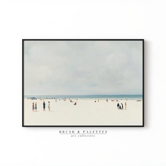 Tiny Beachgoers On Vast White Shore Minimalist Coastal Seascape Poster