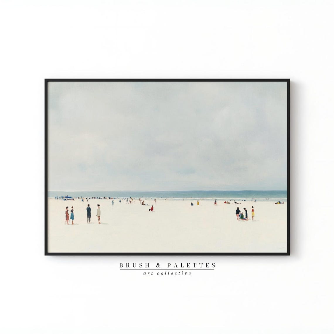 Tiny Beachgoers On Vast White Shore Minimalist Coastal Seascape Poster